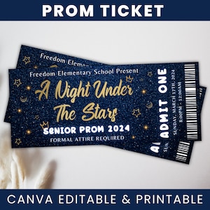 Prom Ticket Template, A Night Under The Stars Prom Ticket, Ticket Template, Prom Starry Night Invite Tickets, Editable Ticket Canva Template