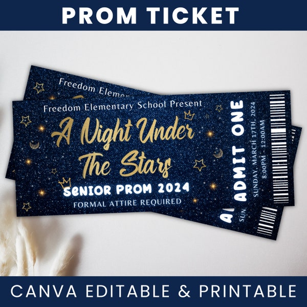 Prom Ticket Template, A Night Under The Stars Prom Ticket, Ticket Template, Prom Starry Night Invite Tickets, Editable Ticket Canva Template