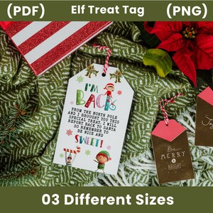 Etiqueta editável de chegada do elfo de Natal: Estou de volta com uma guloseima | Cartão de presente moderno e personalizado com etiqueta de retorno de elfo para impressão Download instantâneo