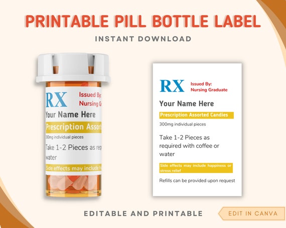 Pill Bottle Labels Printable, Editable Prescription Label, Pill Labels, Rx Label  Template, Fake Prescription, Nurse Graduation Party Favor - Etsy
