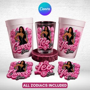 Cancer Birthday Cup Sticker Template Pink and Black Birthday Cup Sticker Pink Cup Stickers Leo Virgo All Zodiac Sign Editable T-Shirt Design