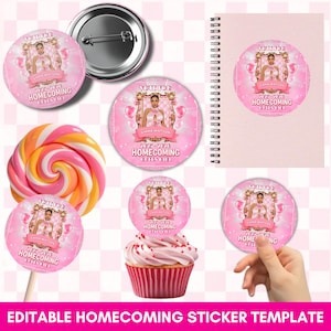 Könnte beinhalten: Rosa-goldene Artikel zum Thema Homecoming, darunter Aufkleber, Buttons und ein Notizbuch. Die Designs zeigen ein Porträt, Ballons und den Text "Vote for Emma Watson Homecoming Queen Girl 2023-2024". Ein Lutscher und ein Cupcake sind ebenfalls abgebildet.
