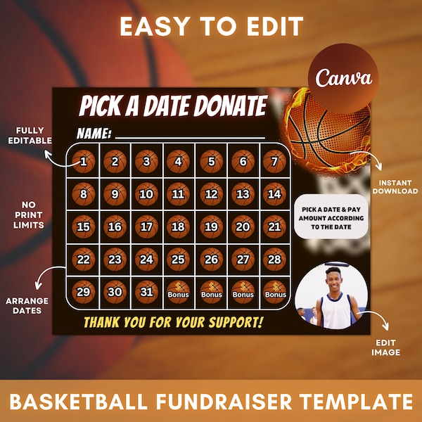 Basketball Pick a Date to Donate, Instant Download, Pay the Date, Basketball Fundraiser Calendar, Pick a Date, Sports Calendar