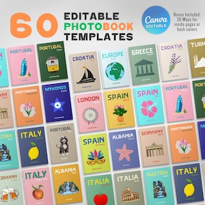 Op de afbeelding: Zestig bewerkbare fotoboek sjablonen met kleurrijke illustraties van reisbestemmingen, waaronder bezienswaardigheden, eten en culturele iconen. De sjablonen zijn ontworpen voor gebruik met Canva.
