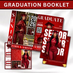 Puede incluir: Un folleto de graduación en rojo y blanco con una foto de una graduada con toga y birrete rojos. El texto incluye "GRADUATION BOOKLET", "SENIOR", "CLASS OF 2026" y "GRADUATE".