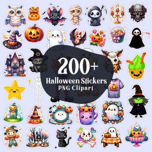 Könnte beinhalten: Eine Sammlung von über 200 Halloween-Stickern mit niedlichen Comicfiguren, gruseligen Kreaturen und festlichen Objekten. Die Sticker sind im PNG-Format und perfekt, um deinen Projekten einen Hauch von Halloween-Spaß zu verleihen.