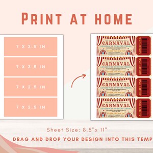 Pu&ograve; includere: Modello di invito a tema carnevale stampabile. Il design include quattro biglietti con un'illustrazione di tendone da circo e la scritta "CARNAVAL". Il modello &egrave; progettato per inviti di 17,78 x 6,35 cm su un foglio di 21,59 cm x 27,94 cm.