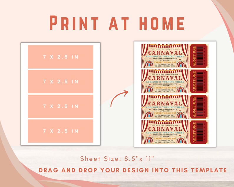 Pu&ograve; includere: Modello di invito a tema carnevale stampabile. Il design include quattro biglietti con un'illustrazione di tendone da circo e la scritta "CARNAVAL". Il modello &egrave; progettato per inviti di 17,78 x 6,35 cm su un foglio di 21,59 cm x 27,94 cm.