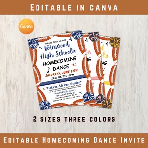 Puede incluir: Plantilla de invitación editable para el baile de regreso a casa en Canva. La invitación tiene un tema de fútbol con pompones azules, amarillos y rosas. El texto dice "Por favor, únase a nosotros para el baile de regreso a casa de la escuela secundaria Winwood, el sábado 16 de junio, de 2:00 PM a 6:00 PM. Entradas $ 5 por estudiante."