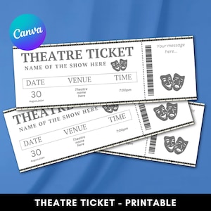 May include: A stack of white theatre tickets against a blue backdrop. Each ticket is printed with "THEATRE TICKET" and spaces for show information. Theatre masks and a barcode are also visible. The text "THEATRE TICKET - PRINTABLE" is at the bottom.