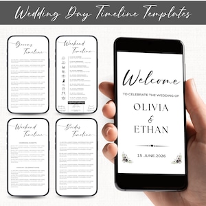 Könnte beinhalten: Fünf digitale Smartphone-Bildschirme mit Vorlagen für Hochzeitszeitpläne. Die Bildschirme zeigen schwarzen Text auf weißem Hintergrund, einschließlich Überschriften wie Grooms Timeline, Weekend Timeline, Brides Timeline und einem Begrüßungsbildschirm für Olivia & Ethan.