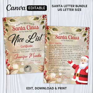 Plantilla Carta Editable de Papá Noel, Certificado de Lista Bonita, Carta Oficial de Navidad Imprimible de Papá Noel, Plantilla Canva