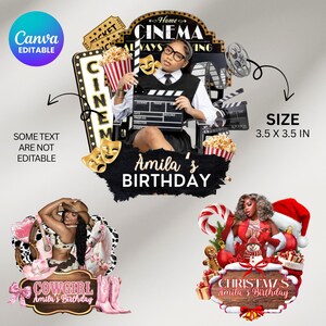 May include: A digital design featuring three themed birthday graphics. The top graphic has a cinema theme with popcorn, film reels, and the text "Home Cinema Always Ing." The bottom graphics have a cowgirl and Christmas theme. The size is 3.5 x 3.5 inches.