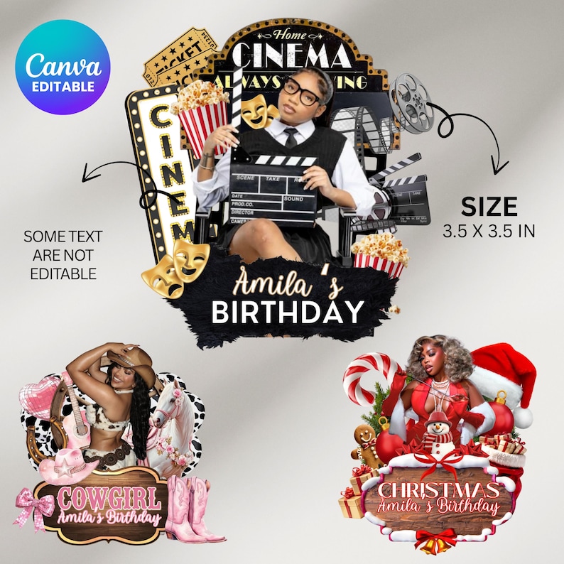 May include: A digital design featuring three themed birthday graphics. The top graphic has a cinema theme with popcorn, film reels, and the text "Home Cinema Always Ing." The bottom graphics have a cowgirl and Christmas theme. The size is 3.5 x 3.5 inches.