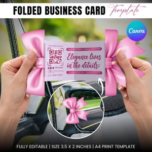 PINK bow Shaped Business Card Template, Editable Folded Buisness Card Design For Beauty, Printable Trendy Business Card, Canva QR Code Card