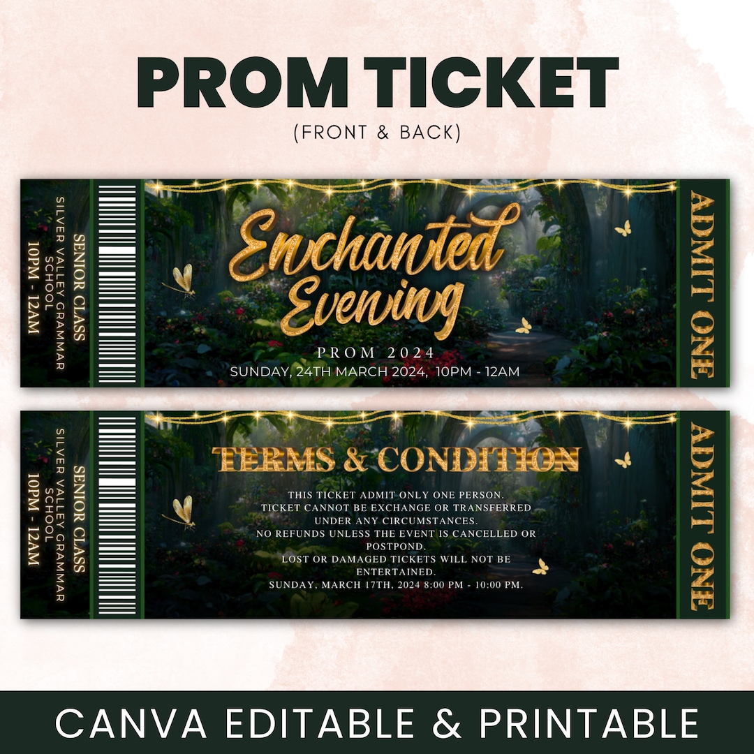 Prom Ticket Template, Prom Enchanted Evening Forest Theme Ticket Prom Ticket Template, Prom Enchanted Evening Forest Theme Ticket