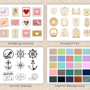 May include: A set of digital stamps featuring wedding, anchor, and passport foil designs. The wedding stamps include hearts, rings, and flowers. The anchor stamps include anchors, wheels, and compass designs. The passport foil stamps feature a variety of crests and emblems.