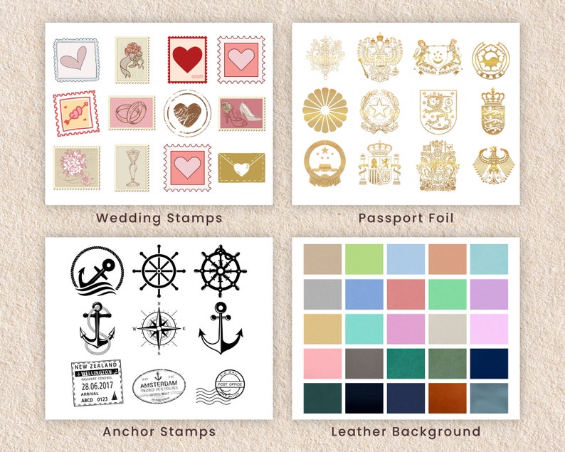 May include: A set of digital stamps featuring wedding, anchor, and passport foil designs. The wedding stamps include hearts, rings, and flowers. The anchor stamps include anchors, wheels, and compass designs. The passport foil stamps feature a variety of crests and emblems.