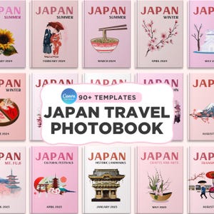 以下が含まれることがあります： 日本の文化の様々な側面を描いた画像のコラージュ。伝統的な服装、食べ物、ランドマーク、祭りなど。画像はグリッドパターンで配置され、各画像は月と年でラベル付けされています。コラージュの中央には、「Japan Travel Photobook」というテキストが大きく太字で表示されています。