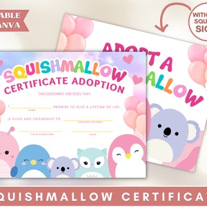 Printable Adoption certificate, Squishmallow Adoption Certificate, Adopt a Squish, Squishmallows Birthdays, Adopt Squishmallow Certificate