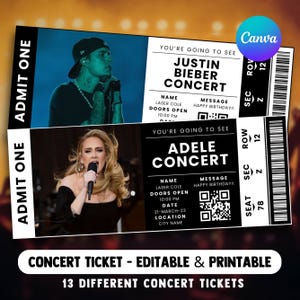 Modello modificabile per biglietti di concerti, biglietti di concerti personalizzati, biglietti per eventi fai da te, idea regalo a sorpresa per biglietti di concerti stampabili, modello Canva