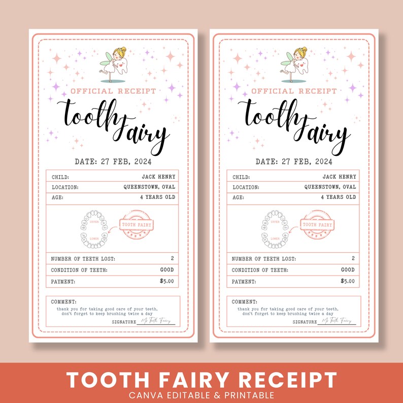 Tooth In Script Tooth Fairy Receipt Template, First Tooth Lost, Tooth Fairy Letter ...
