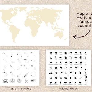 May include: A white outline map of the world with the text "Map of the world and famous countries". Below the map are two sets of images. The first set is labeled "Traveling Icons" and shows a variety of black and white travel icons. The second set is labeled "Island Maps" and shows a grid of black and white outlines of islands.