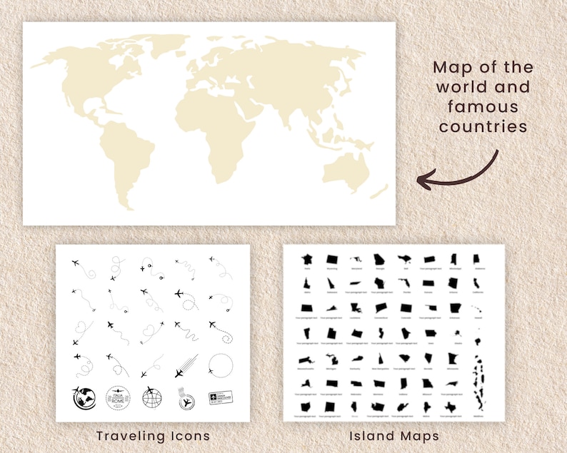 May include: A white outline map of the world with the text "Map of the world and famous countries". Below the map are two sets of images. The first set is labeled "Traveling Icons" and shows a variety of black and white travel icons. The second set is labeled "Island Maps" and shows a grid of black and white outlines of islands.