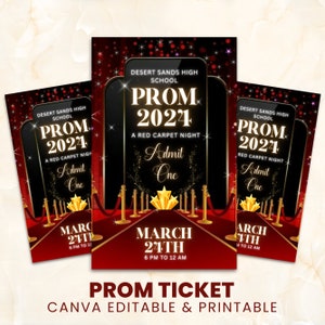 Prom Ticket Template, Prom Red Carpet Dance Ticket, Editable Red Carpet Prom Ticket, Prom School Dance Ticket Canva Template