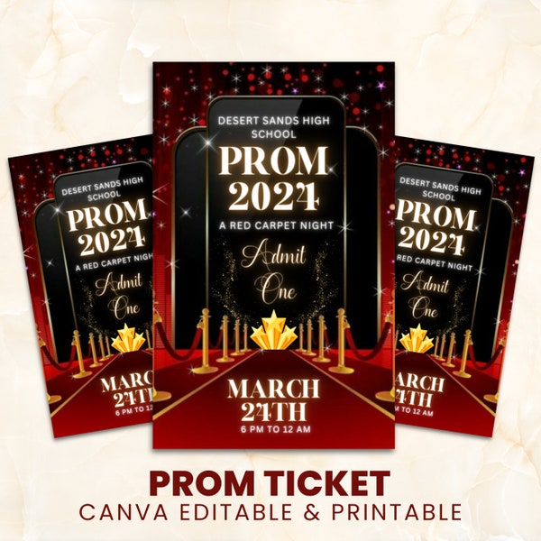 Prom Ticket Template, Prom Red Carpet Theme Ticket, Ticket Template, Prom Red Carpet School Dance Tickets, Editable Ticket Canva Template