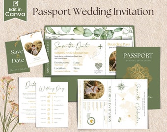 Modèle d’invitation de mariage de passeport vert sage, invitation de mariage de destination, invitation de carte d’embarquement avec Rsvp, mariage à thème de voyage