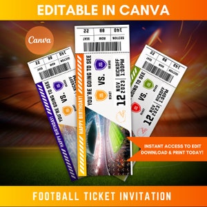 Customized Football Ticket Template, Perfect Way To Give Digital Football Tickets as a Gift, Ticket Template, Football Invitation
