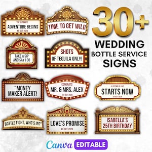 Könnte beinhalten: Eine Sammlung dekorativer Holzschilder mit goldenen und roten Akzenten, die Sätze wie "Adventure Begins" und "Shots of Tequila Only!" für Hochzeiten und Veranstaltungen enthalten. Die Schilder sind im Vintage-Marquee-Stil gestaltet.
