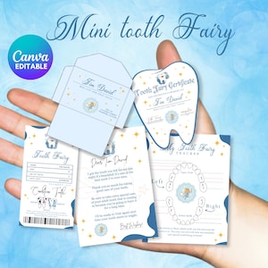 Könnte beinhalten: Eine Sammlung von hellblauen Zahnfee-Themen-Papeterie, darunter eine Urkunde, ein Brief, ein Umschlag und ein Zahn-Tracker. Die Artikel zeigen Illustrationen einer Zahnfee und Sterne, mit dem Text "Mini tooth Fairy" oben.