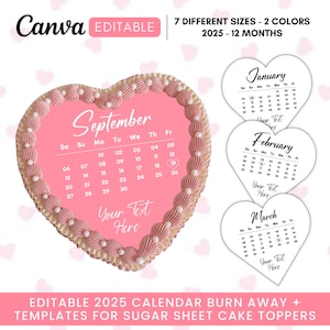 Burn Away Cake Topper Calendar Template, 2025 Custom Calendar Heart Cake Toppers, Printable Birthday Cake Topper, Canva Template