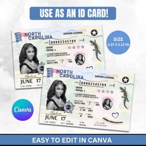 Puede incluir: Dos plantillas de licencia de conducir de Carolina del Norte con el retrato de una persona, el texto 'USE AS AN ID CARD!', 'DRIVER LICENSE', 'QUEEN SOPHIA Q' y 'EASY TO EDIT IN CANVA'. Las tarjetas miden 8,56 por 5,38 cm e incluyen un lagarto.