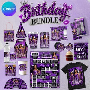 Könnte beinhalten: Ein lila Geburtstags-Party-Set mit Leopardenmuster, bestehend aus einem Spielbrett, T-Shirt, Cupcake, Wasserflasche, Partyhut, Geschenktüte und verschiedenen Partyartikeln. Jeder Artikel zeigt den Text Juliana Birthday und Don't Be SHY Take a SHOT.