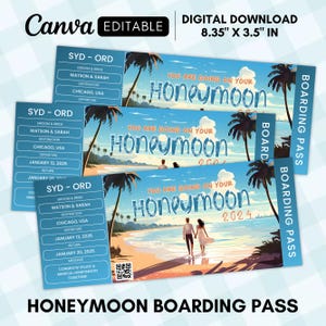 Puede incluir: Una tarjeta de embarque para luna de miel digital descargable. La tarjeta es azul y blanca con una escena de playa tropical y el texto "You are going on your Honeymoon".