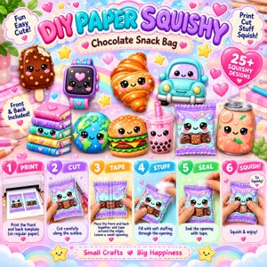 Puede incluir: Un kit de manualidades DIY paper squishy con temática de bolsa de chocolate. La imagen muestra varios diseños de squishies de papel coloridos y lindos al estilo kawaii, incluyendo un helado, un reloj, un croissant, un coche, libros, un globo y una hamburguesa.