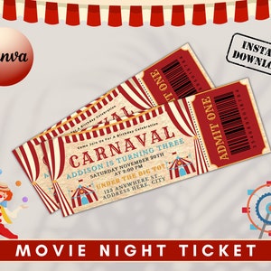Pu&ograve; includere: Due biglietti a tema carnevale con strisce rosse e crema, con testo per una festa di compleanno. I biglietti recitano "CARNAVAL" e "AMMETTI UNO". L'immagine include un'illustrazione di un clown, una ruota panoramica e le parole "BIGLIETTO SERATA CINEMA."