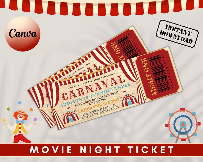 Pu&ograve; includere: Due biglietti a tema carnevale con strisce rosse e crema, con testo per una festa di compleanno. I biglietti recitano "CARNAVAL" e "AMMETTI UNO". L'immagine include un'illustrazione di un clown, una ruota panoramica e le parole "BIGLIETTO SERATA CINEMA."