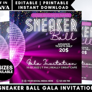 Könnte beinhalten: Eine digitale Einladung in Lila und Schwarz für einen Sneaker Ball Gala. Die Einladung zeigt eine Discokugel, Konfetti und den Text "SNEAKER Ball Gala Invitation". Vorverkaufskarten kosten 20 €. Die Veranstaltung findet am 16. März 2022 um 19 Uhr im Really Great Cafe statt.