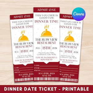 May include: Three red and white printable tickets for a dinner date at The Ruby View Restaurant. The tickets are dated August 15th, 2024 at 12 AM. Each ticket has a space for a name, email, and phone number.