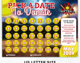 Editable Softball Fundraiser Calendar, Calendar Fundraiser, Fundraiser Calendar Printable, Softball Template, 11 x 8.5 in, Instant Download