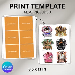 May include: A print template with the text "PRINT TEMPLATE ALSO INCLUDED". The template includes orange squares that measure 3.5 x 3.5 inches. The image also shows birthday-themed designs with the text "AMILA'S BIRTHDAY", "Safari QUEEN", and "Dirty 30". The paper size is 8.5 x 11 inches.