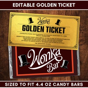 Könnte beinhalten: Ein rechteckiges goldenes Ticket mit schwarzem Text "GOLDEN TICKET" und "WONKA" über zwei Zylinder-Illustrationen, platziert über einer dunkelbraunen Schokoriegelverpackung mit "Wonka Bar"-Text und zwei Zylindern, passend für 125g Schokoriegel.