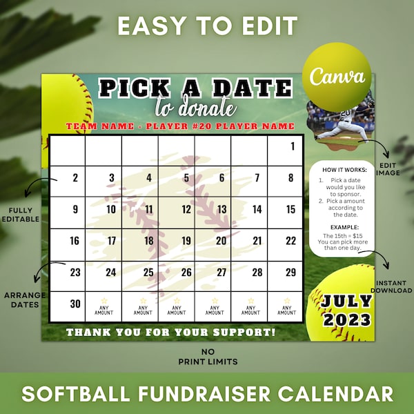 Editable Softball Fundraiser Calendar, Calendar Fundraiser, Fundraiser Calendar Printable, Softball Template, 11 x 8.5 in, Instant Download