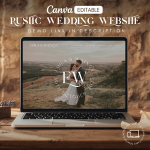 Könnte beinhalten: Ein Laptop mit einer Hochzeitswebsite-Vorlage. Der Bildschirm zeigt ein Paar, das sich auf einem Hügel umarmt, mit dem Text "EMILA & WATSON" und "EW" in einem kreisförmigen Design. Die Website ist mit "RUSTIC WEDDING WEBSITE" beschriftet und in Canva "EDITABLE".