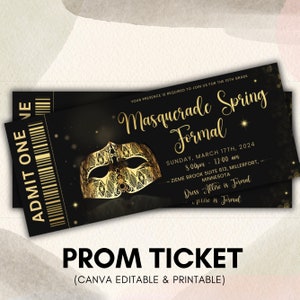 Prom Ticket Template, Prom Masquerade Theme Ticket, Ticket Template, Prom Masquerade Party Tickets, Editable Ticket Canva Template