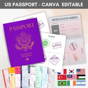 Editable Us Passports for Kids, Printable Passport for Kid for Playing Travel and Learning,kids Boarding Pass, Stamps & Visas Canva Template